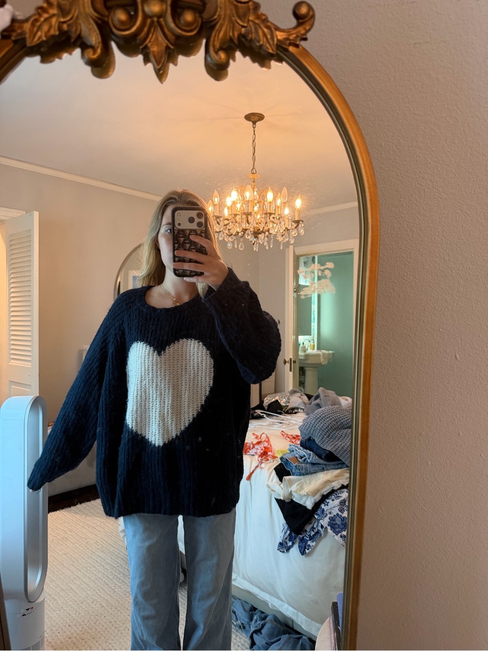 Old Navy Navy Crewneck Sweater with Cream Heart